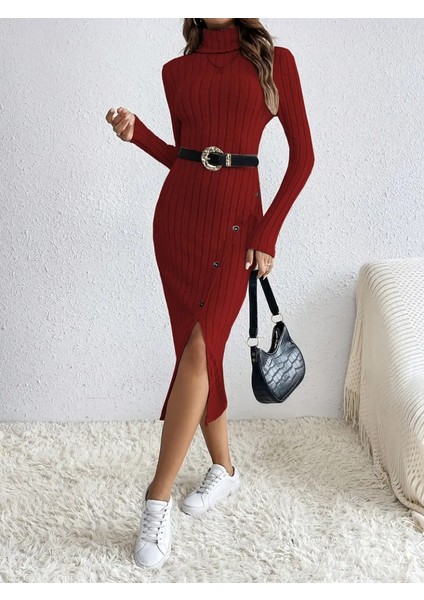 Kadın Uzun Kollu Balıkçı Yaka Yırtmaçlı Düğmeli Şardonlu Kaşkorse Elbise(Kemersiz) L-Xl-Bordo fırsatları