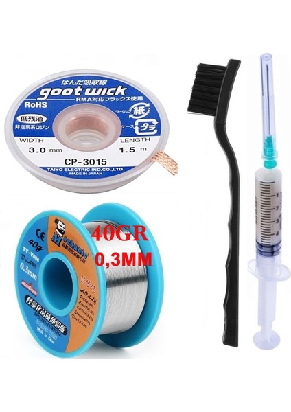 Flux Lehim Toplama,lehim Emme Teli 3,0mm ve Lehim Teli Soldering Mechanic 40GR 0,3mm 4in1 Arada ST01