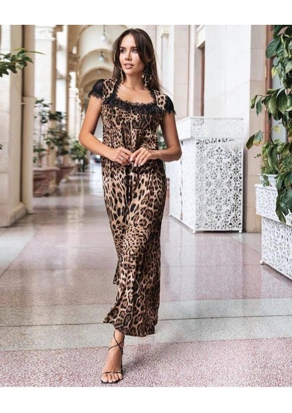 Kadın Leopar Desenli Dantelli Jesica Kumaş Maxi Boy Elbise M-Leopar