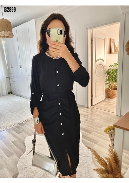 Kadın Uzun Kollu Önden Düğmeli Beli Kuşaklı Aerobin Midi Elbise S-M-Siyah