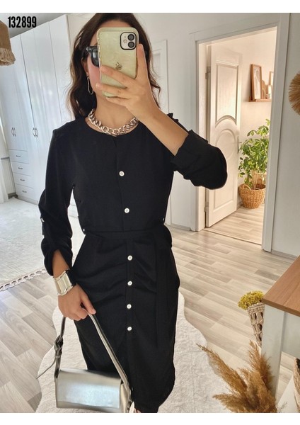 Kadın Uzun Kollu Önden Düğmeli Beli Kuşaklı Aerobin Midi Elbise S-M-Siyah fırsatları