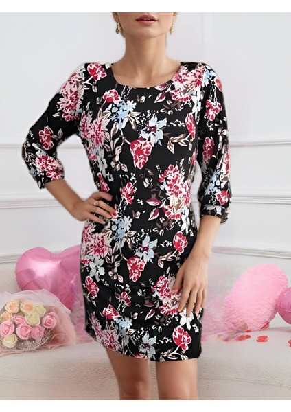 Kadın Uzun Kollu Bisiklet Yaka Dalgıç Mini Boy Elbise 2xl-3xl-Desenli