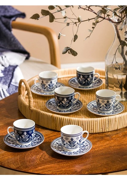 Home Modern Çiçek Baskılı 6 Kişilik Porselen Kahve Fincan Takımı 90 ml