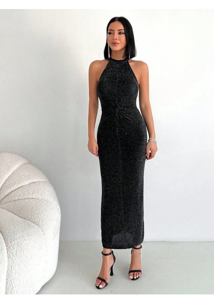Simli Buzi Elbise Siyah-Xs