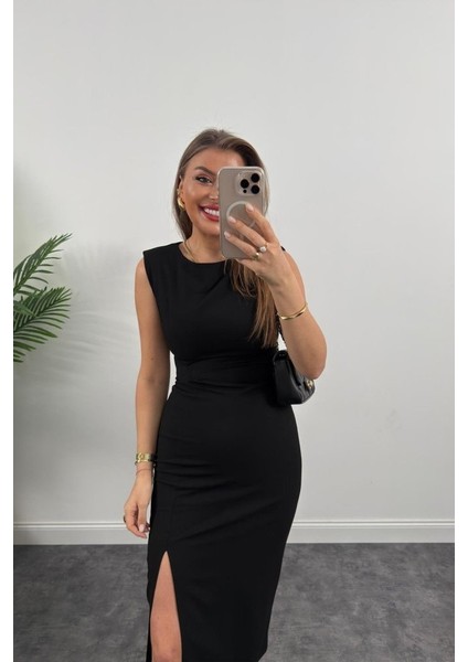 Kadın Askılı Kolsuz Belden Büzgülü Yırtmaçlı Midi Janjan Krep Elbise 2xl-3xl-Siyah indirimleri