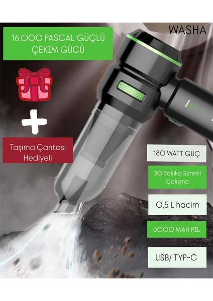 180 Watt Mini Vakumlu Type C Şarjlı Araç Süpürgesi El Süpürgesi Şarjlı Çok Fonksiyonlu 18000 Pa Ekstra Çekim Gücü fiyatları