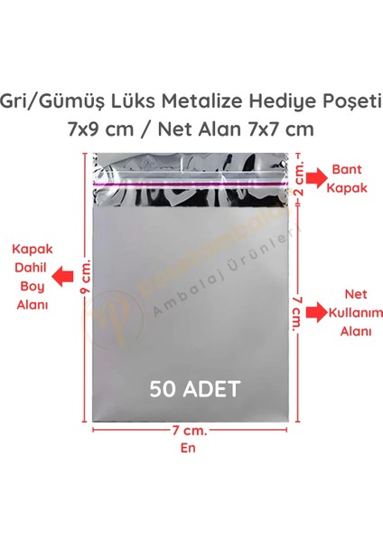 7x9 cm Gümüş Renk Bantlı Lüks Metalize Hediyelik Poşet (50 Adet)
