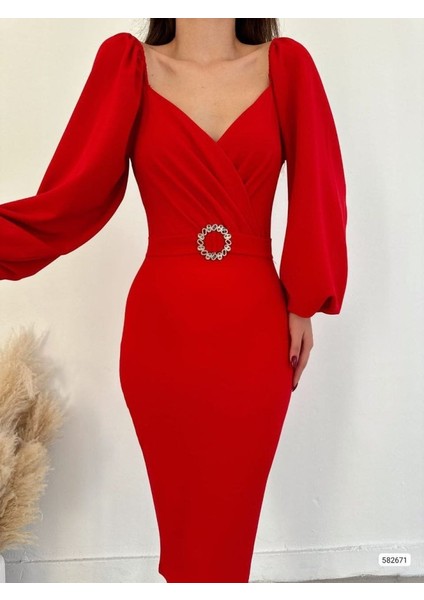 Kadın Kalp Yaka Sırt Dekolteli Kemer Toka Detay Midi Boy Elbise S-Kırmızı modelleri