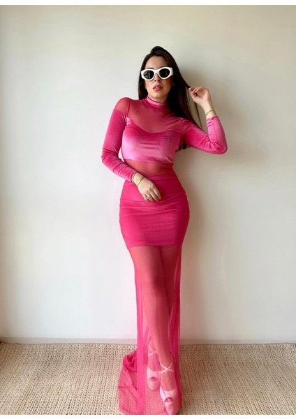 Kadın Balıkçı Yaka Transparan Dekolteli Fırsat Ürün Elbise Pembe-M fiyatları