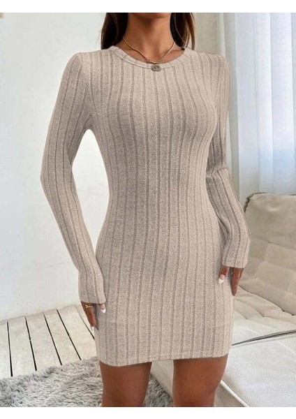 Kadın Uzun Kollu Bisiklet Yaka Şardonlu Kalın Fitilli Kaşkorse Mini Boy Elbise L-Xl-Bej
