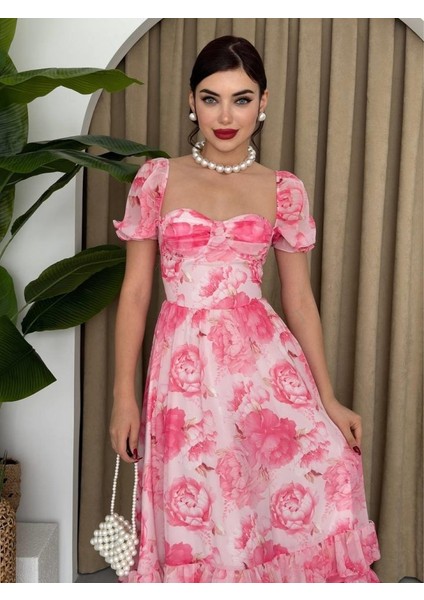 Şifon Kumaş Dijital Desen Baskılı Elbise S-Altın