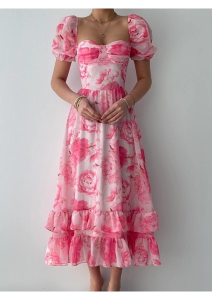 Şifon Kumaş Dijital Desen Baskılı Elbise S-Altın fiyatları