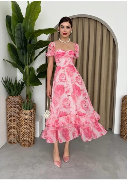 Şifon Kumaş Dijital Desen Baskılı Elbise S-Altın modelleri