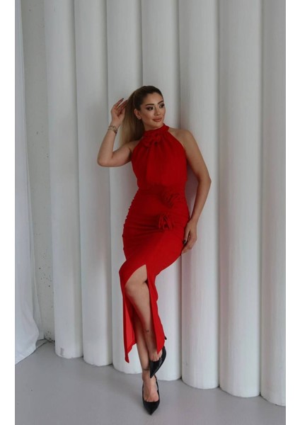 Gül Aplike Halter Yaka Abiye