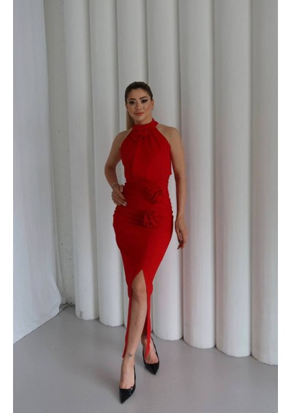 Gül Aplike Halter Yaka Abiye fiyatları