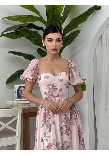 Caso Midi Elbise M-Çi̇çek Desen Pembe modelleri