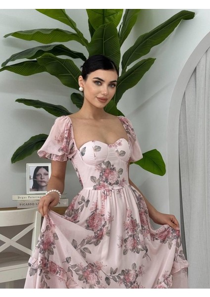 Caso Midi Elbise M-Çi̇çek Desen Pembe indirimleri