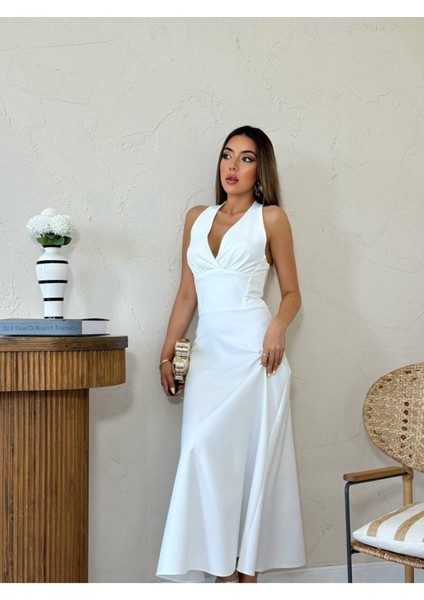 Halter Yaka Drapeli Saten Görünümlü Uzun Abiye Elbise modelleri