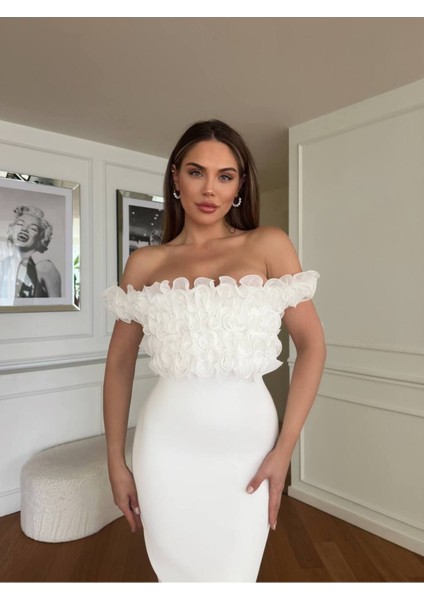 Gül Detaylı Omuz Dekolteli Yırtmaçlı Midi Abiye Elbise modelleri