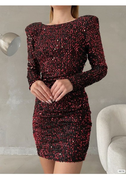Kadın Uzun Kollu Vatka Detay Full Pul Payet Mini Elbise S-Kırmızı modelleri