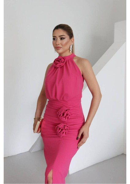 Gül Aplike Halter Yaka Abiye