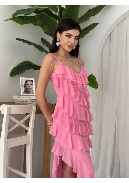 Ples Yırtmaç Detaylı Elbise Pembe-S modelleri