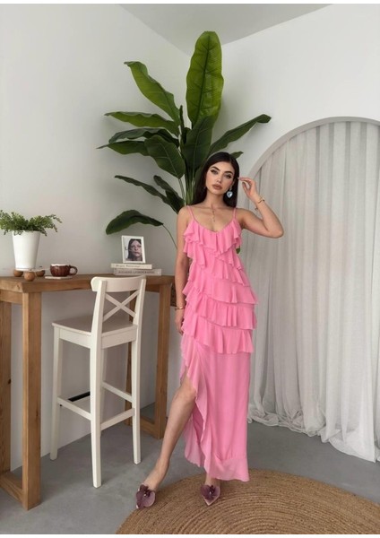 Ples Yırtmaç Detaylı Elbise Pembe-S fırsatları