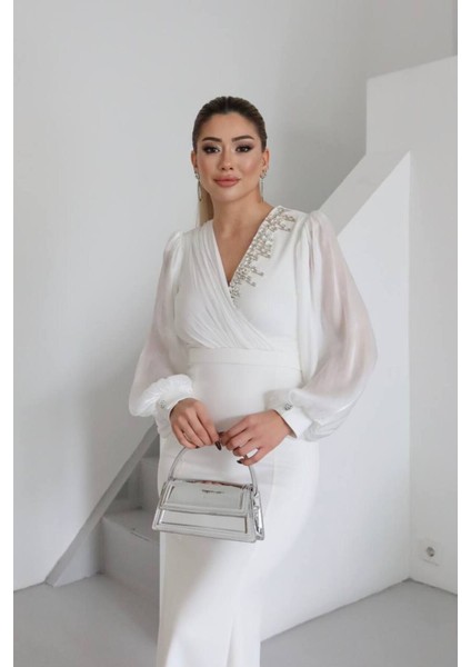 Taş Aksesuarlı Şifon Kol Balık Abiye fiyatları
