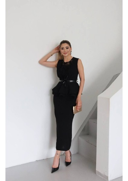 Çiçek Işlemeli Kemer Detaylı Peplum Abiye Elbise