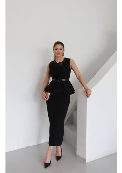 Çiçek Işlemeli Kemer Detaylı Peplum Abiye Elbise fiyatları