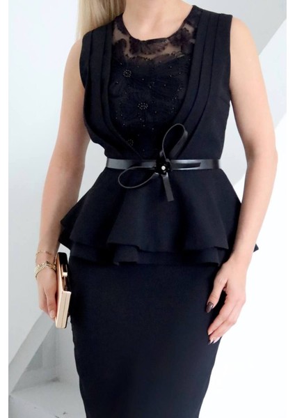 Çiçek Işlemeli Kemer Detaylı Peplum Abiye Elbise modelleri