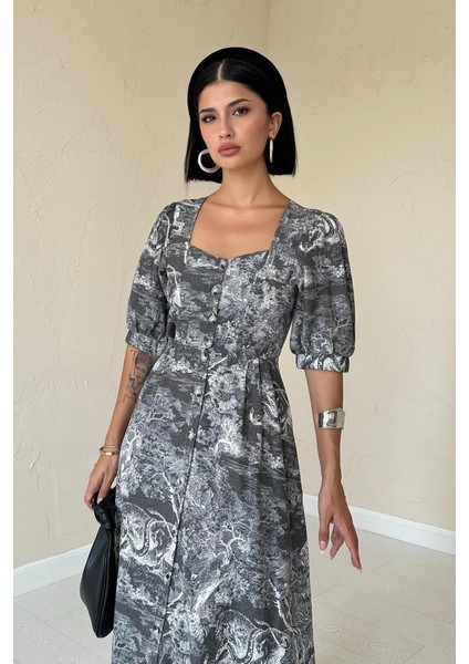 Haki Önü Düğmeli Kalp Yaka Elbise S-Haki fiyatları