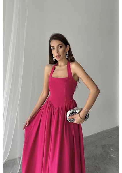 Fuşya Boyundan Bağlamalı Keten Elbise L-Fuşya fırsatları