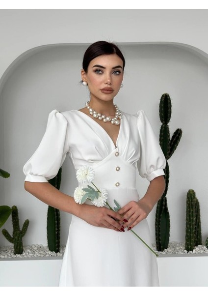 Linda Midi Elbise S-Beyaz