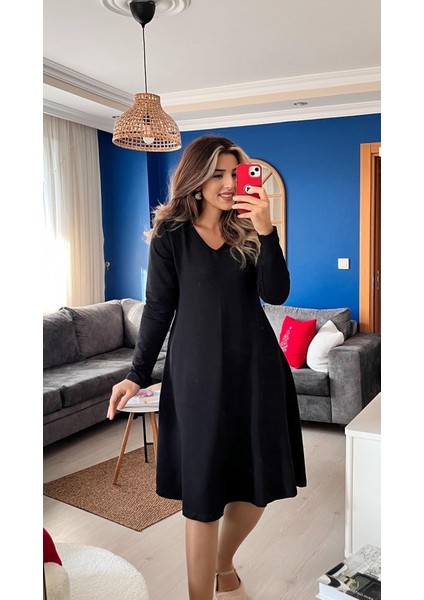 Kadın Uzun Kollu V Yakalı Salaş Midi Iki Iplik Elbise 2xl-3xl-Siyah fiyatları