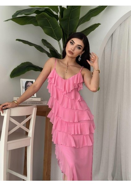 Ples Yırtmaç Detaylı Elbise Pembe-M indirimleri