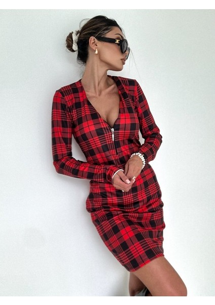 Kadın Uzun Kollu Fermuarlı Ekose Baskılı Dalgıç Elbise 2xl-3xl-Kırmızı