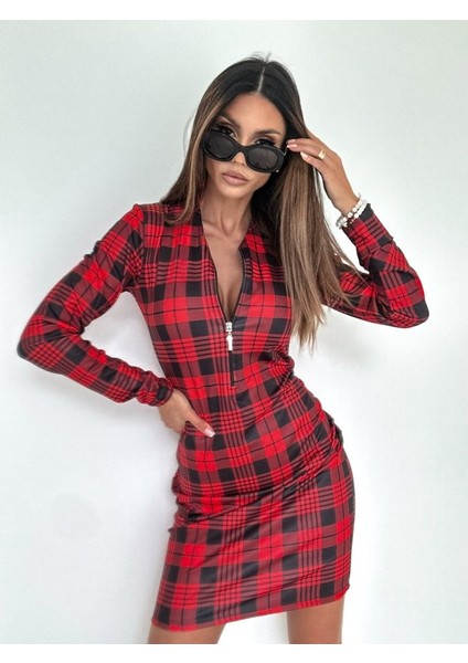 Kadın Uzun Kollu Fermuarlı Ekose Baskılı Dalgıç Elbise 2xl-3xl-Kırmızı modelleri