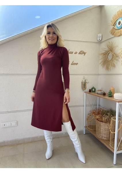 Kadın Uzun Kollu Balıkçı Yaka Derin Yırtmaç Detay Krep Elbise S-M-Bordo