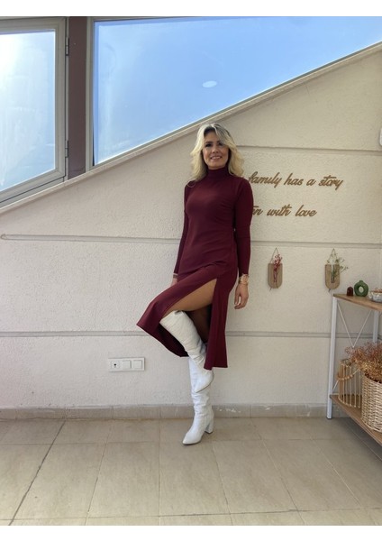 Kadın Uzun Kollu Balıkçı Yaka Derin Yırtmaç Detay Krep Elbise S-M-Bordo fiyatları