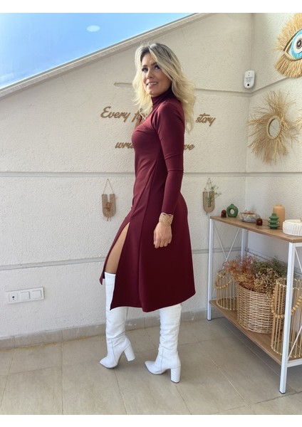 Kadın Uzun Kollu Balıkçı Yaka Derin Yırtmaç Detay Krep Elbise S-M-Bordo modelleri