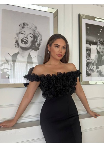 Gül Detaylı Omuz Dekolteli Yırtmaçlı Midi Abiye Elbise modelleri