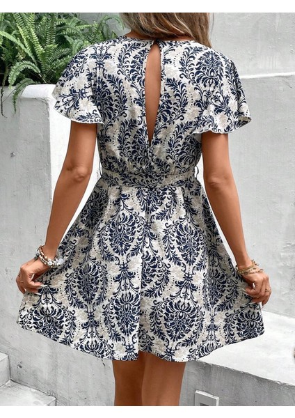 Kadın Kısa Kollu V Yakalı Beli Kuşaklı Desenli Sofya Elbise Mavi-S-M modelleri