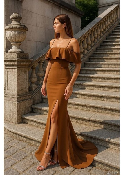 Kadın Dalgıç Krep Yırtmaç Detaylı Askılı Maxi Boy Elbise S-Kahverengi