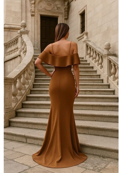 Kadın Dalgıç Krep Yırtmaç Detaylı Askılı Maxi Boy Elbise S-Kahverengi fiyatları