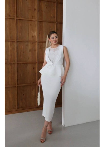Çiçek Işlemeli Kemer Detaylı Peplum Abiye Elbise