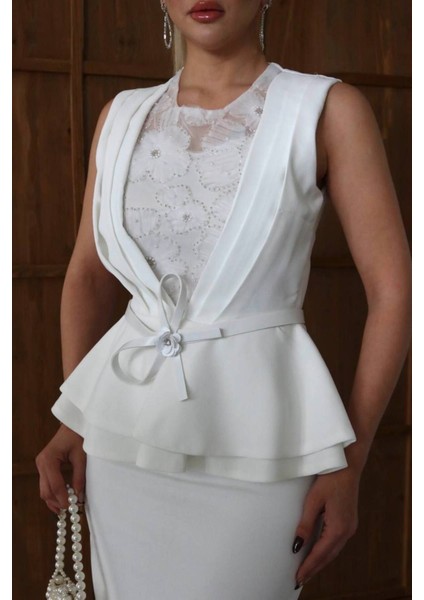 Çiçek Işlemeli Kemer Detaylı Peplum Abiye Elbise modelleri