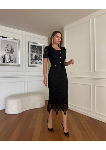Kare Yaka Kısa Kollu Dantel Abiye Elbise indirimleri