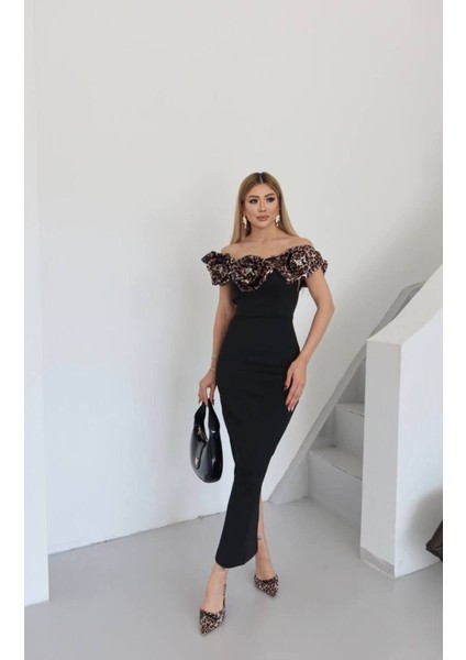 Gül Aplikeli Midi Abiye Elbise