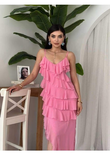 Ples Yırtmaç Detaylı Elbise Pembe-L